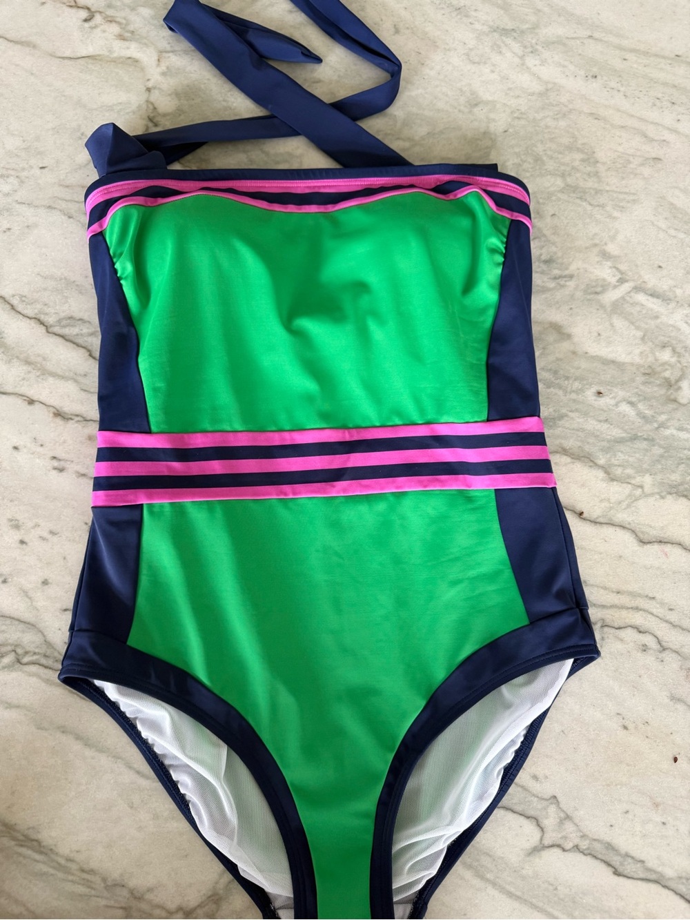 Boden Green One-Piece Swimsuit with Navy Panels & Pink Stripes